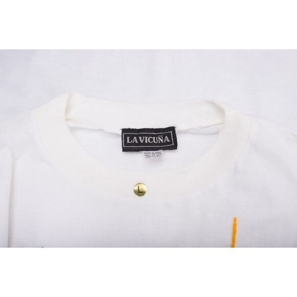 La Vicuna Peru Womens StichWork Shirt Top L White Village scene Head Band - Picture 9 of 9